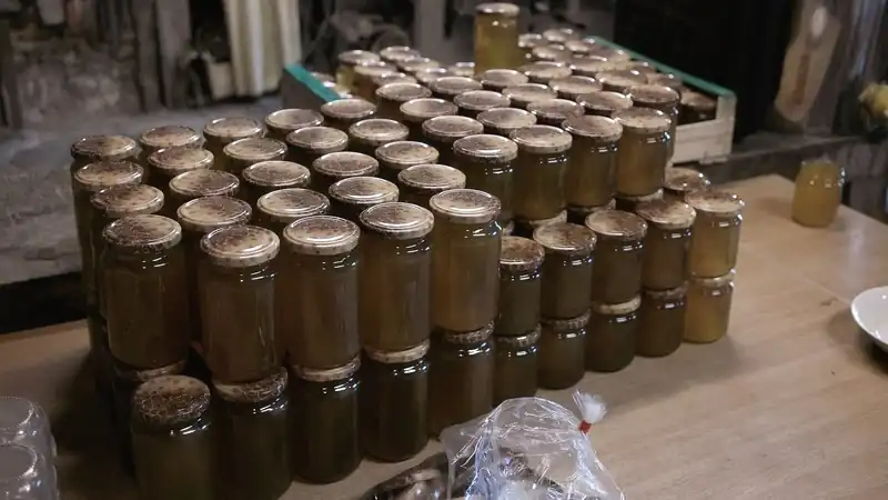 Pots de miel alignés sur une table de miellerie