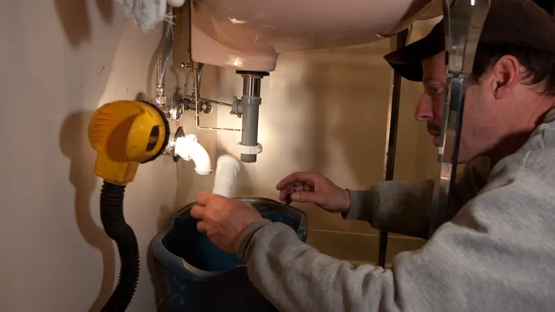 Plombier qui répare le siphon sous un lavabo